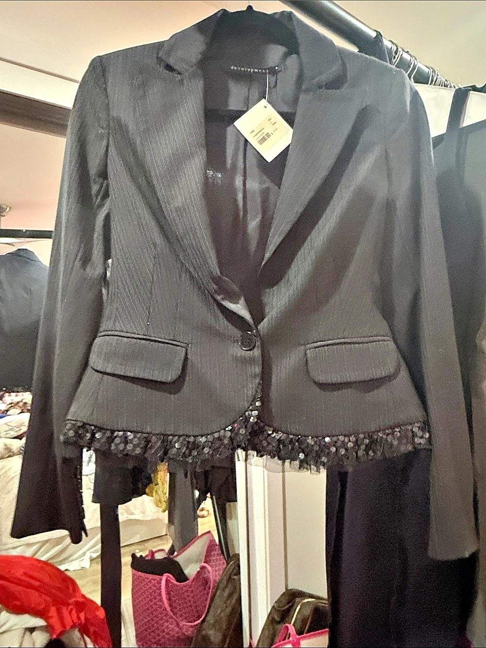 Development Cropped Pinstripe Sequined Hem Jacket Wool Size 4